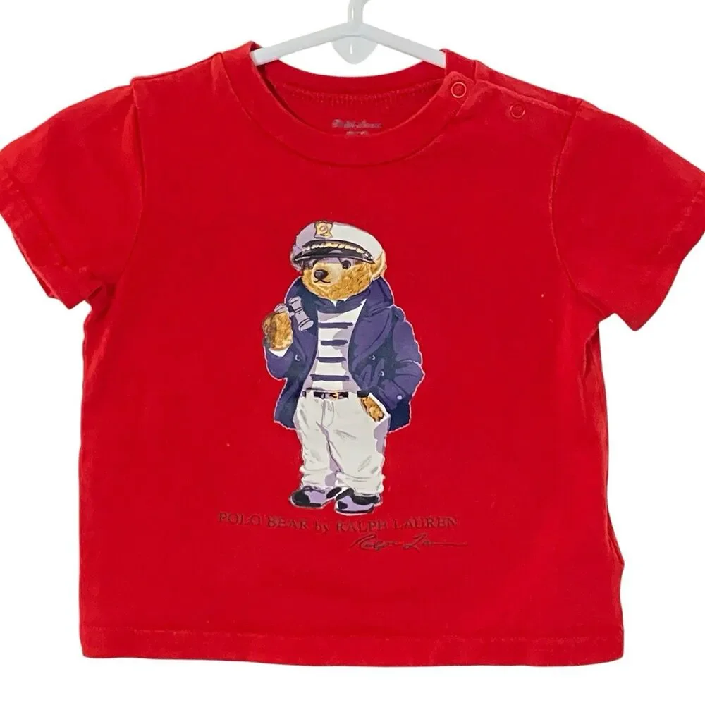 red Polo Bear by Ralph Lauren 9M Baby Toddler Shirt Nautical snap shoulder s/s